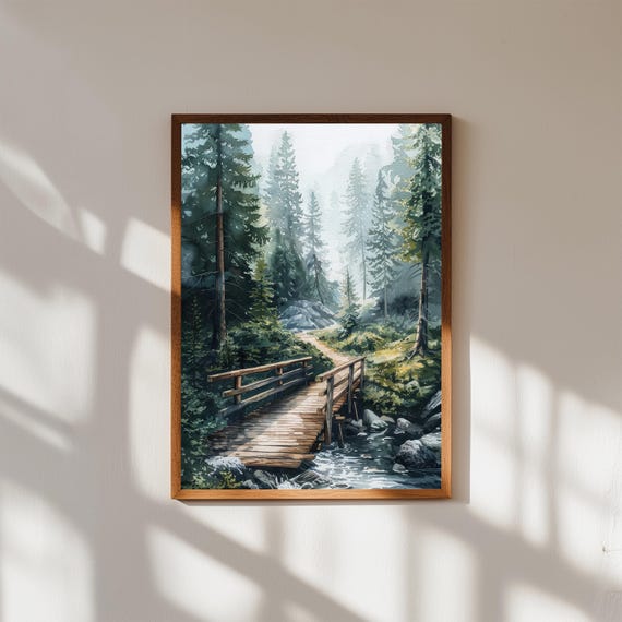Forest Bridge Watercolor Print Rustic Mountain Landscape Wall Art