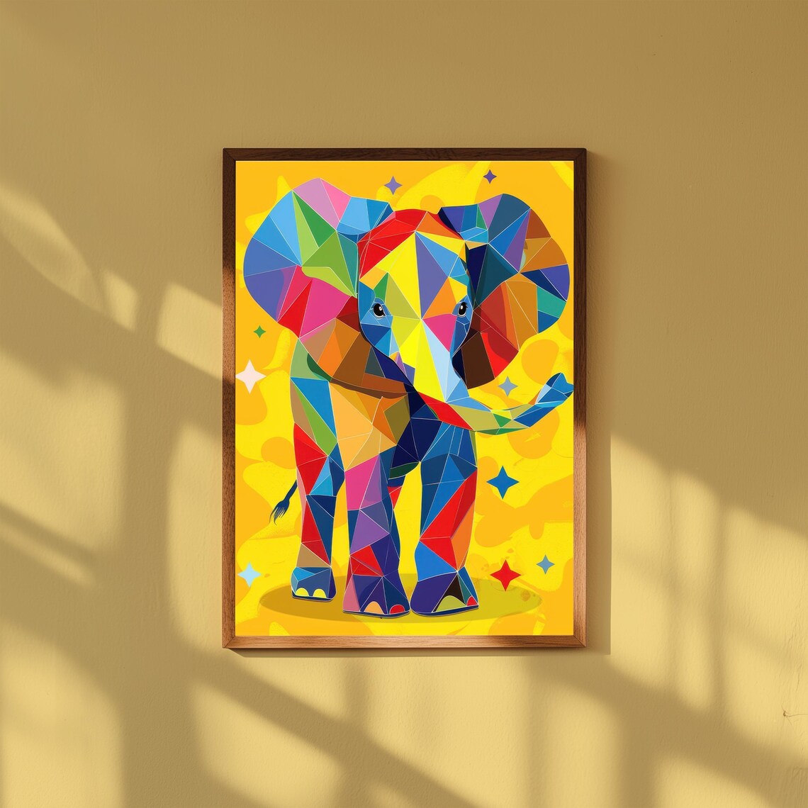 Rainbow Geometric Baby Elephant Yellow Stars Kids Nursery Poster