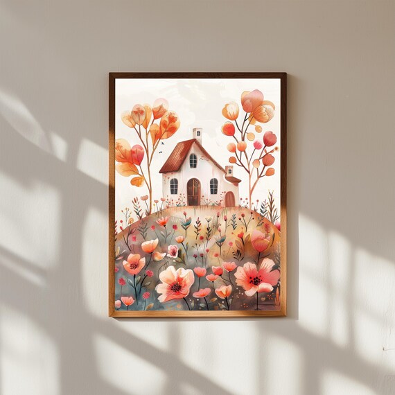 Cottage On A Hill With Autumn Flowers Watercolor Rustic Art Poster