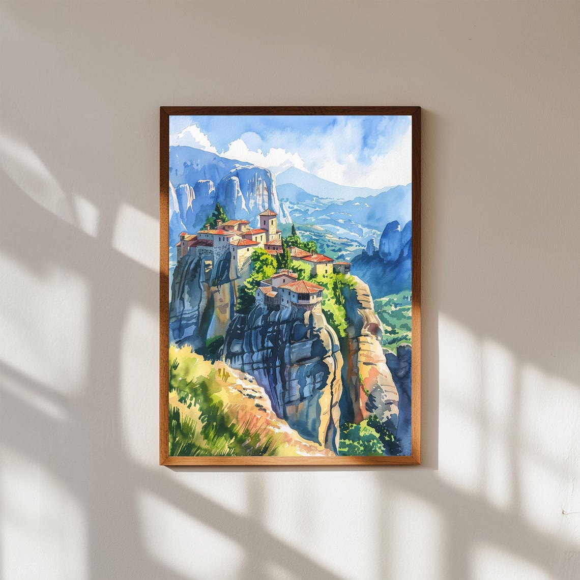Meteora Greece Cliff Top Monastery Rock Pillars Watercolor Art Poster
