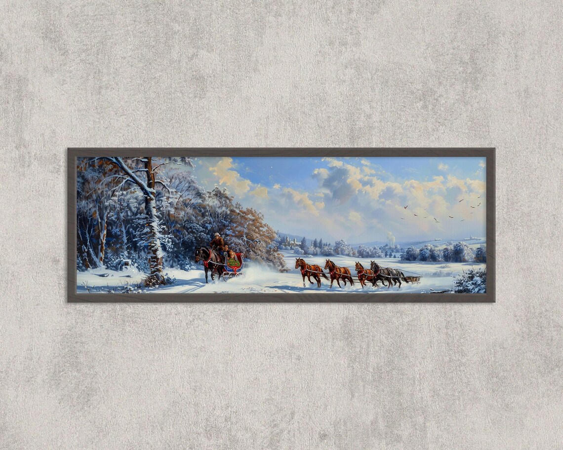 Victorian Winter Sleigh Teams Snowy Forest Christmas Art Poster