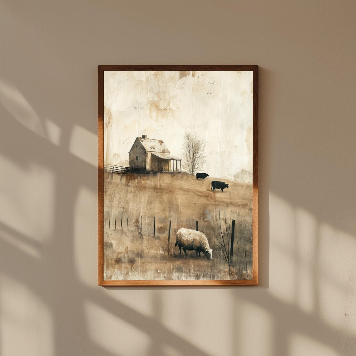 Weathered Vintage Farmhouse with Sheep and Cows Sepia Poster
