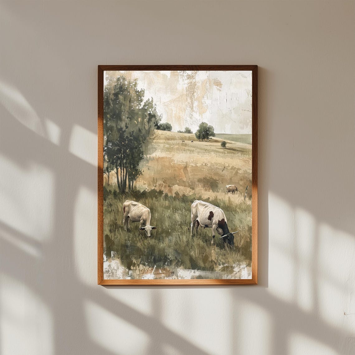 Two Cows Grazing in Green Pasture with Rolling Hills Farm Scene Poster
