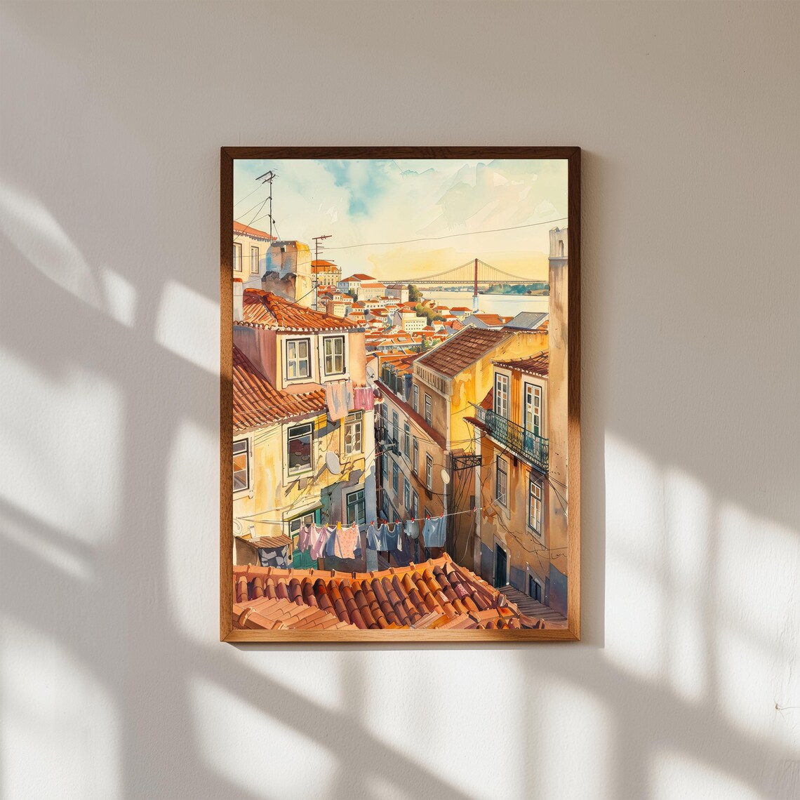 Lisbon Alfama Street Watercolor Laundry Lines River Bridge Print