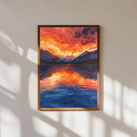 Mountain Sunset Watercolor Print Lake Reflection Landscape Art