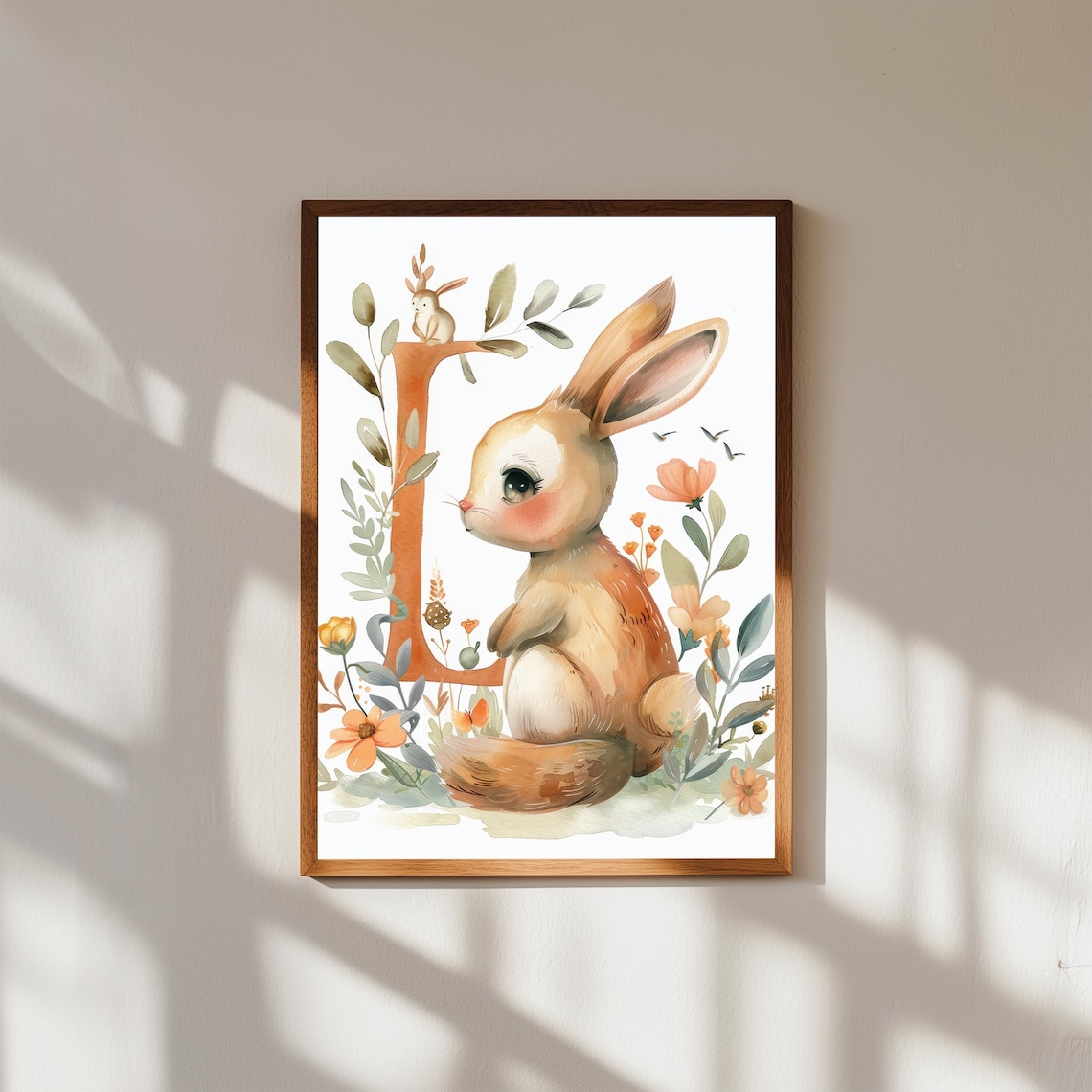 Bunny Letter D Watercolor Initial Woodland Nursery Animal Poster
