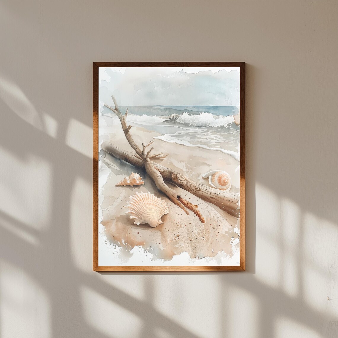 Driftwood and Seashells Beach Watercolor Art Print with Ocean Waves