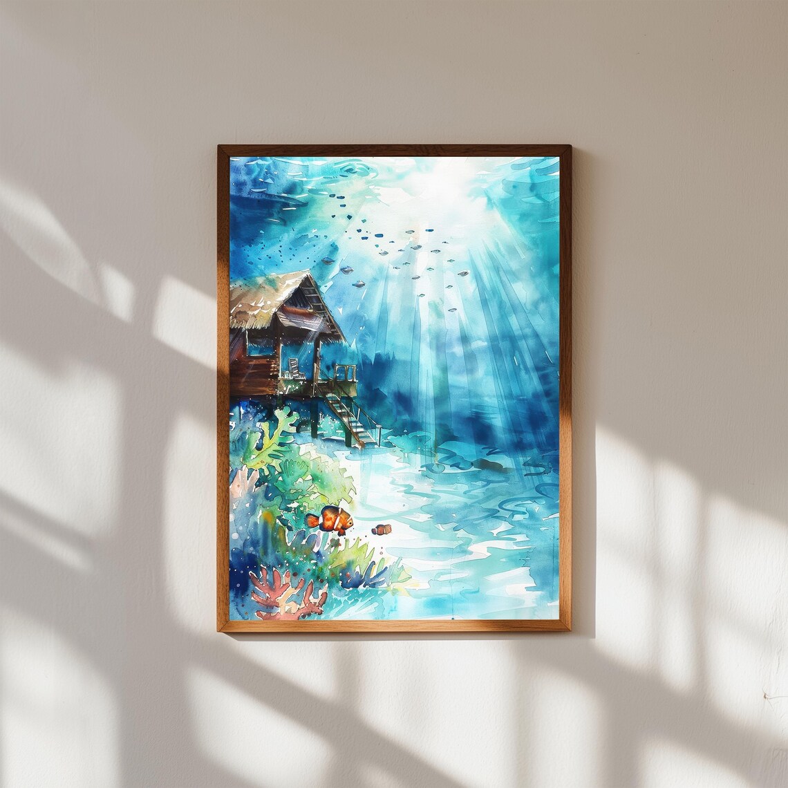 Maldives Overwater Bungalow Coral Reef Underwater Watercolor Print