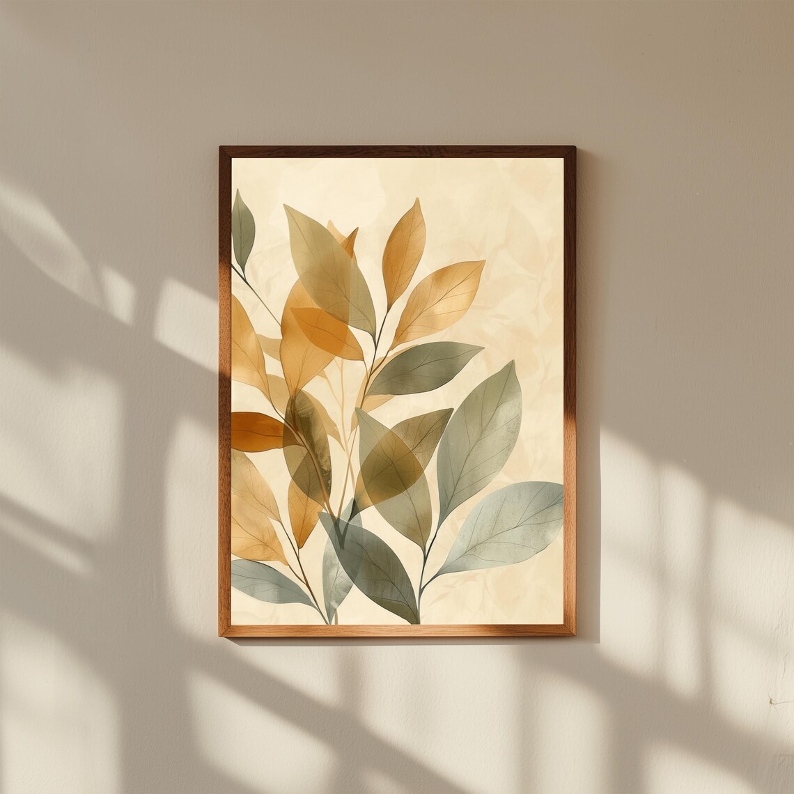 Golden Leaves Botanical Watercolor Soft Cream Minimal Wall Print