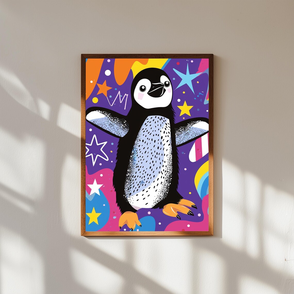 Cute Baby Penguin Pop Art Purple Starry Night Kids Animal Poster