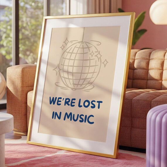 Retro Disco Ball We're Lost In Music Navy Typography Wall Poster