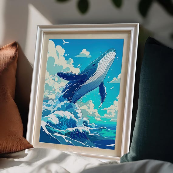 Majestic Whale Breaching Wood Framed Wall Art Poster
