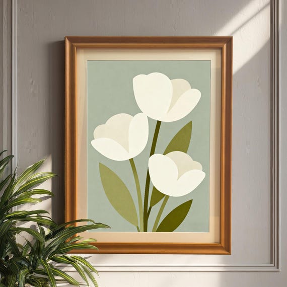 Abstract White Tulip Floral Print Wood Framed Minimalist Flower Wall Poster