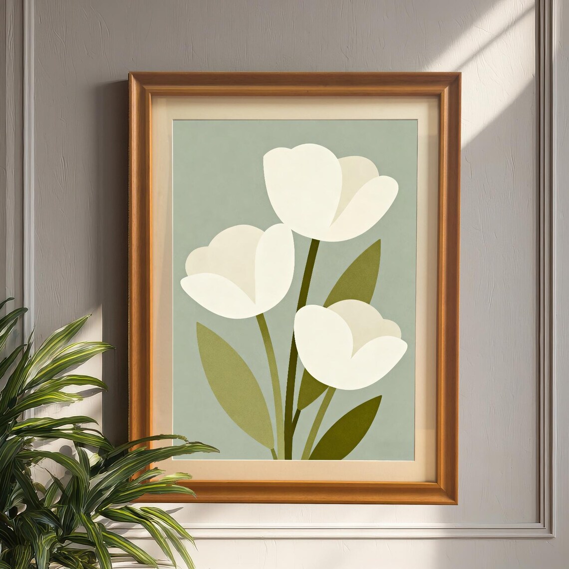 Abstract White Tulip Floral Print Wood Framed Minimalist Flower Wall Poster
