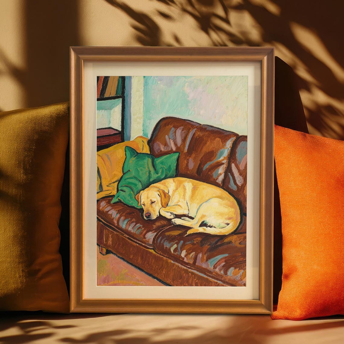 Napping Yellow Labrador On Leather Couch Cozy Warm Dog Poster