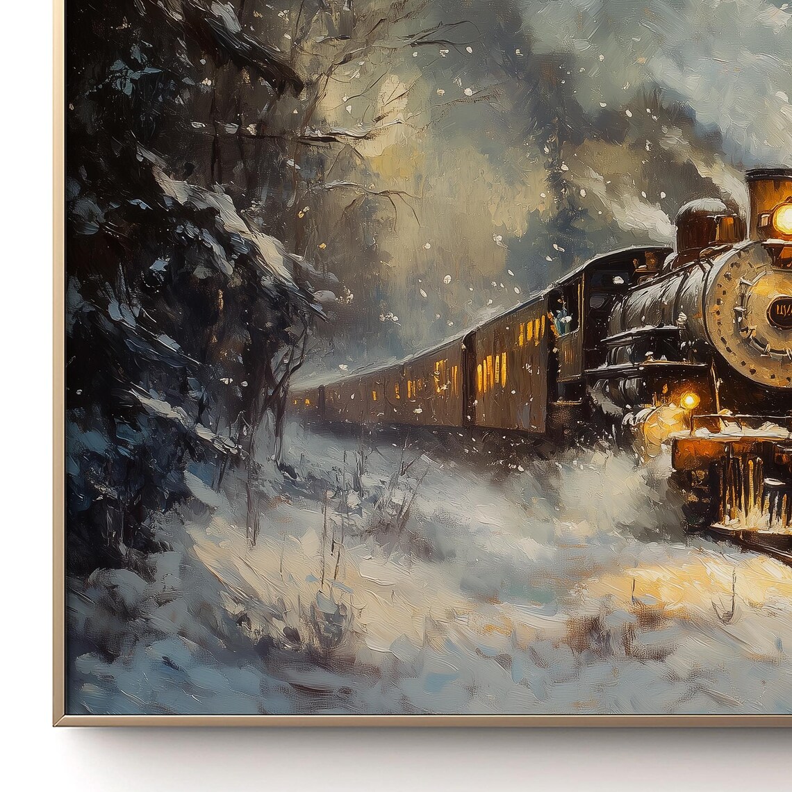 Steam Locomotive Snowy Forest Golden Headlight Winter Train Poster - Image 3
