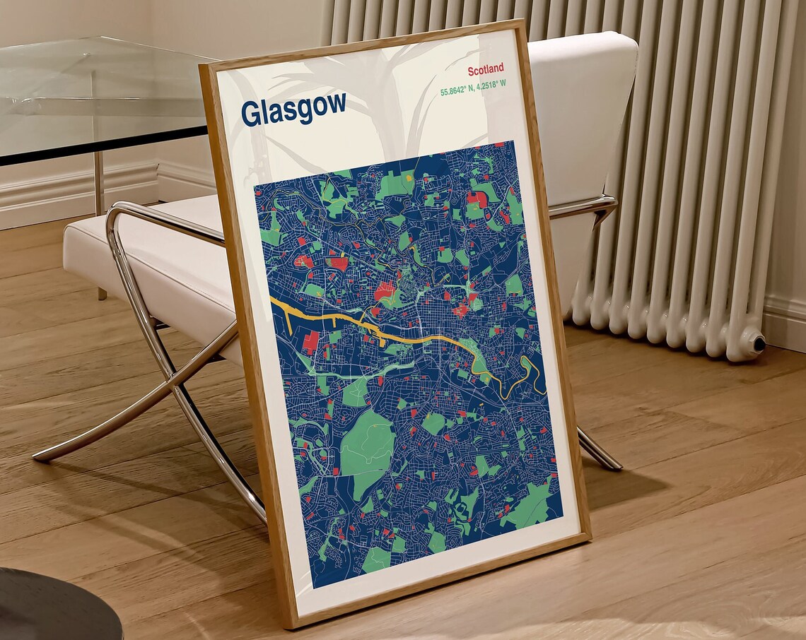Glasgow City Map Travel Poster, Custom Map Print
