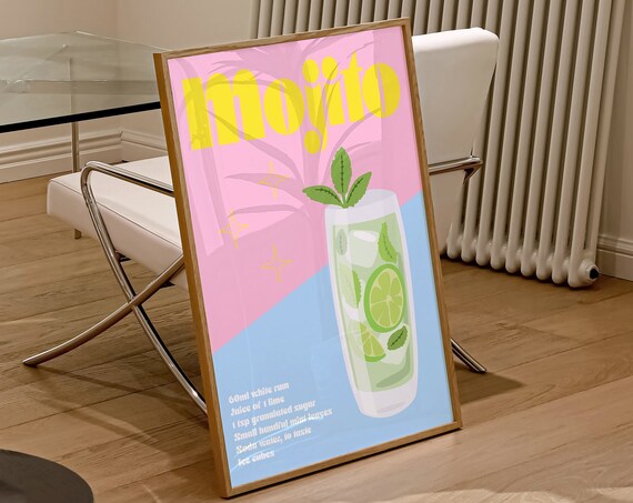 Mojito Cocktail Recipe Retro Kitchen Bar Cart Decor Art Poster