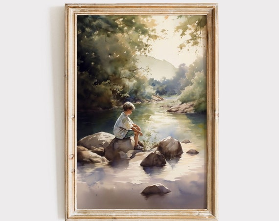 Vintage Wall Art Boy By Pond Summer Decor Print Boys Nursery Painting Antique Instant Nature
