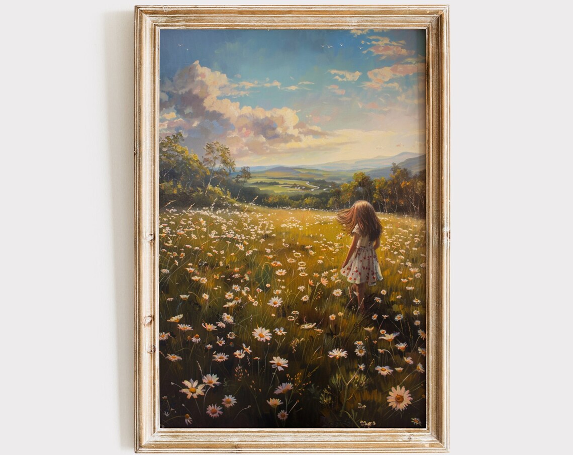 Girl in Daisy Meadow Sunset Golden Field Vintage Nursery Art Poster