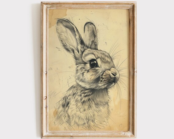 Vintage Rabbit Head Pencil Sketch Sepia Bunny Wildlife Print