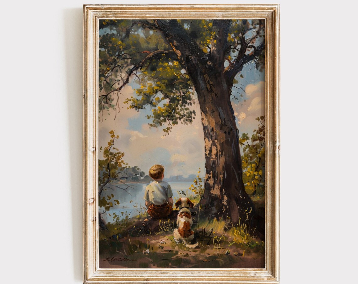 Boy and Dog Under Big Tree by Lake Vintage Oil Painting Print
