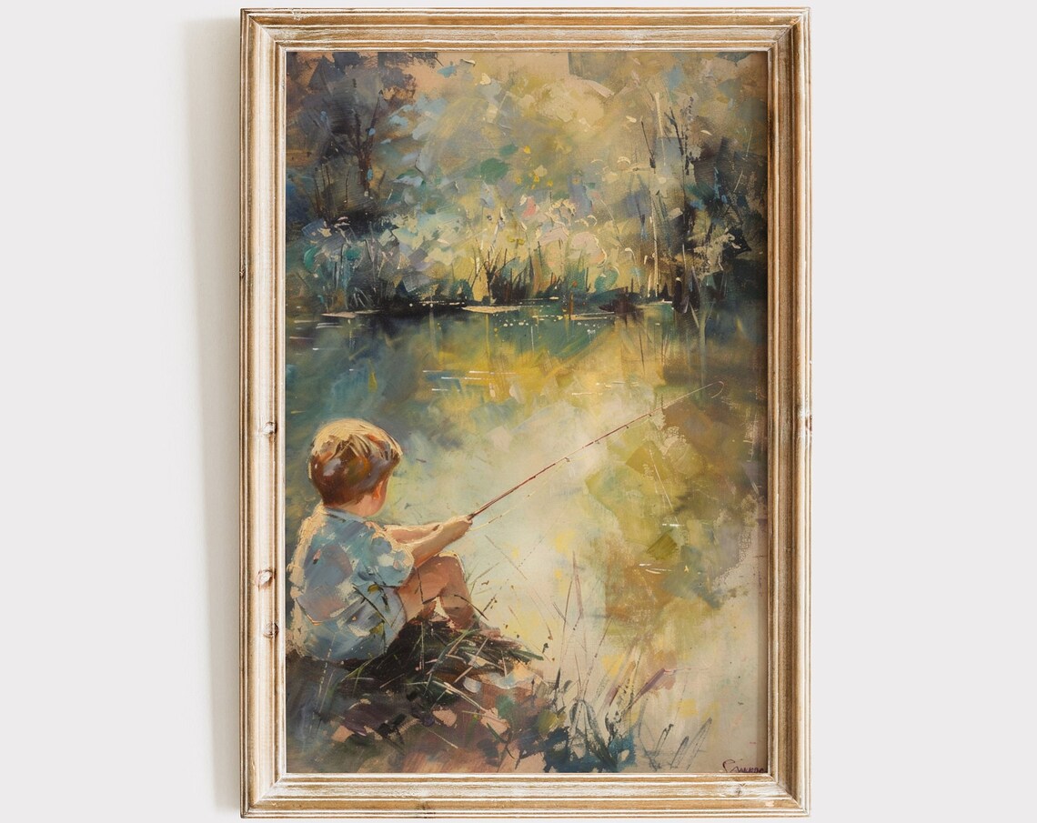 Vintage Boy Fishing in a Pond Nursery Art Print