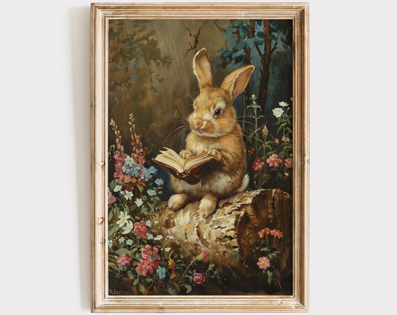 Bunny Reading Book on Log Wildflower Garden Whimsical Nursery Wall Art Poster
