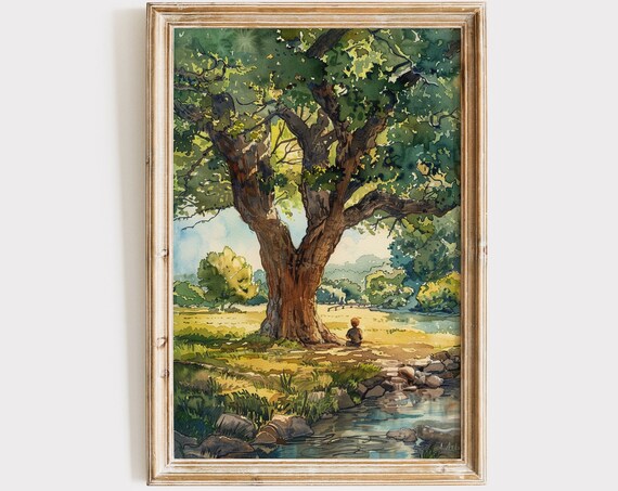 Vintage Boys Room Art Boy Under Tree Painting Wall Art Antique Kids Nursery Decor