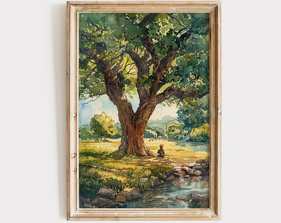 Vintage Boys Room Art Boy Under Tree Painting Wall Art Antique Kids Nursery Decor