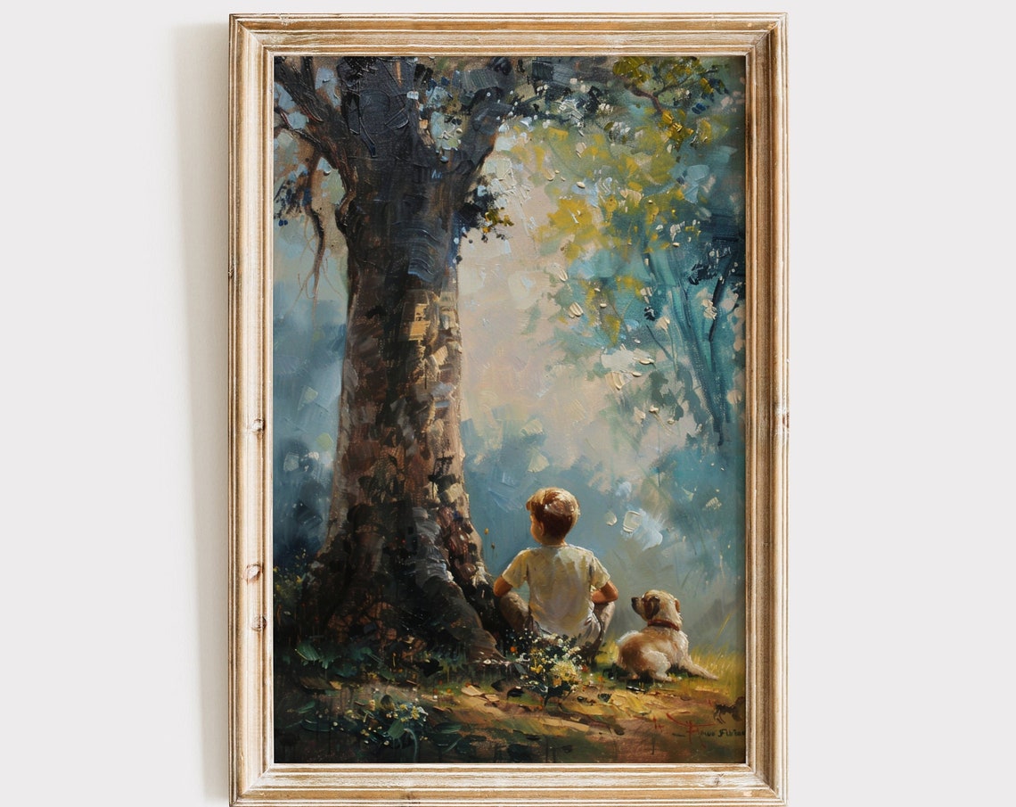 Boy and Puppy Under Big Tree Dappled Light Vintage Nursery Poster