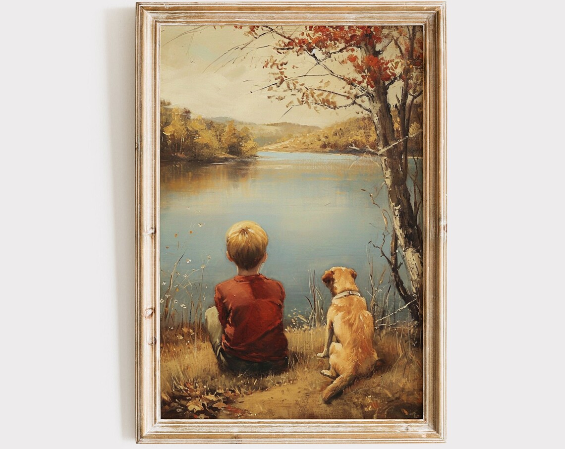 Boy and Dog By Pond Oil Painting Print, Rustic Farmhouse