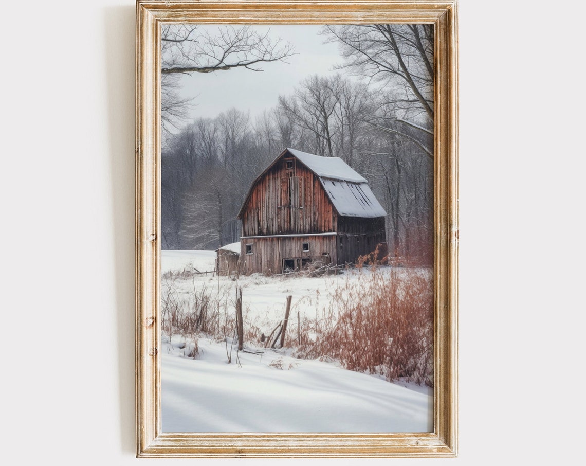 Rustic Red Barn Snowy Field Winter Farmhouse Painting Poster