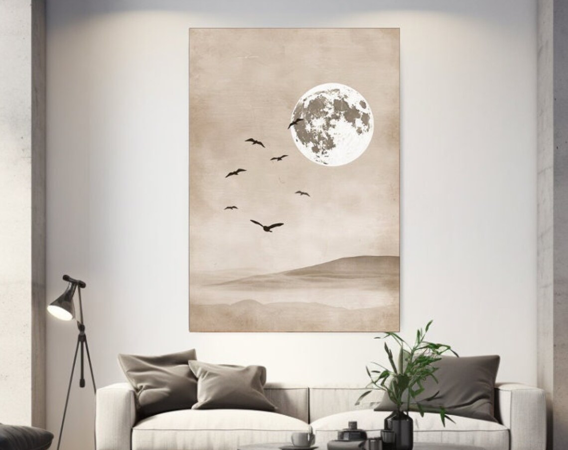 Full Moon Over Desert Hills With Birds Minimalist Beige Art Poster