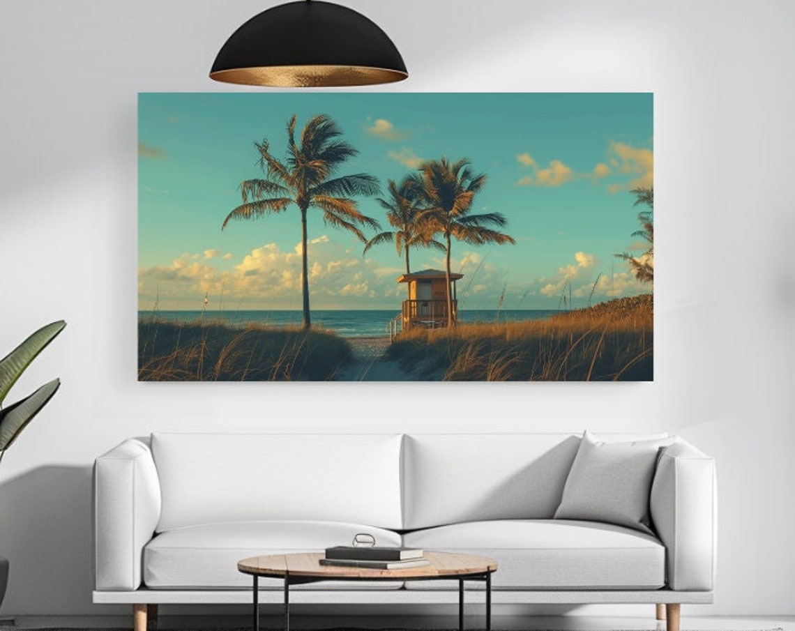 Miami Beach Palms Lifeguard Tower Golden Sunset Beach Poster