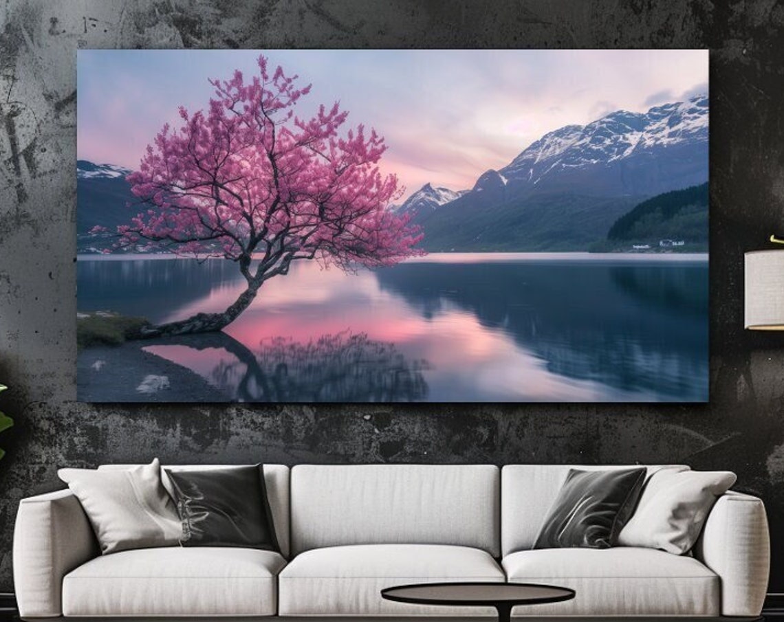 Norway Fjord Spring Sunset Pink Blossom Tree Mountain Lake View Poster