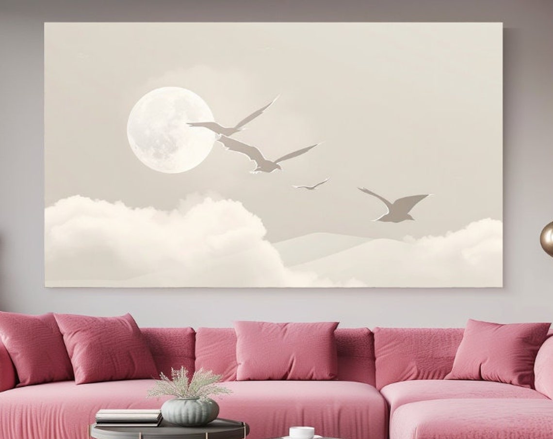Full Moon With Flying Birds And Clouds Minimalist Beige Art Poster