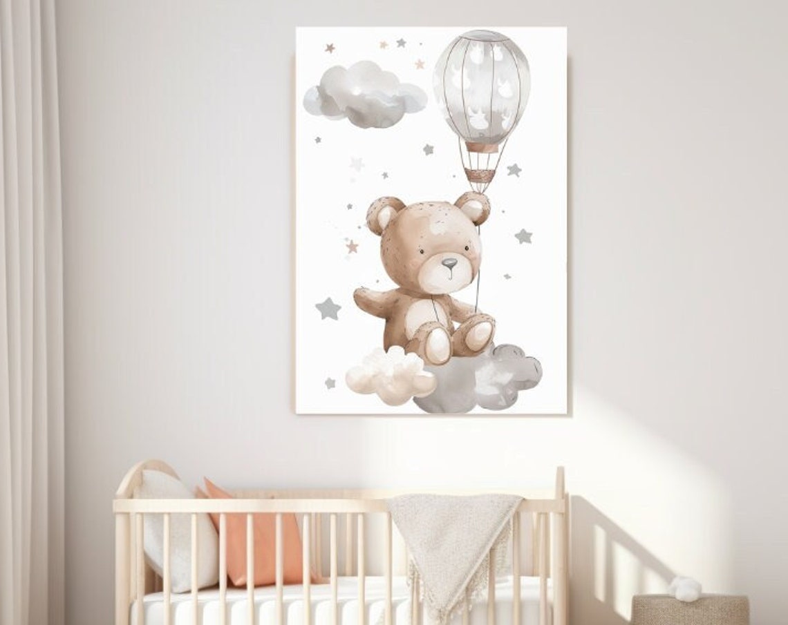 Teddy Bear With Hot Air Balloon Clouds Stars Neutral Nursery Wall Art