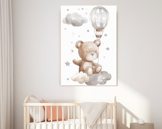Teddy Bear With Hot Air Balloon Clouds Stars Neutral Nursery Wall Art