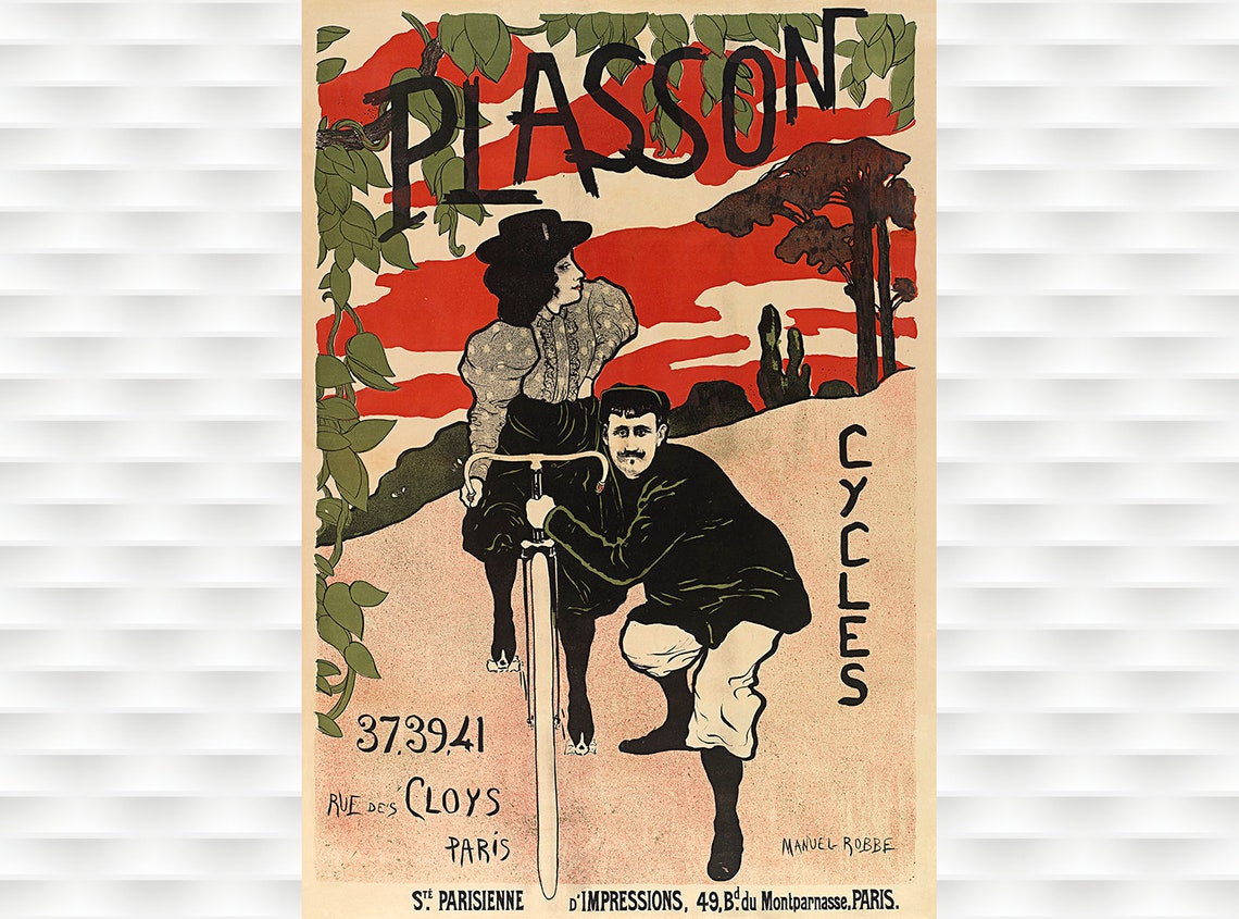 Plasson Cycles Manuel Robbe Paris Sunset Vintage Bicycle Poster