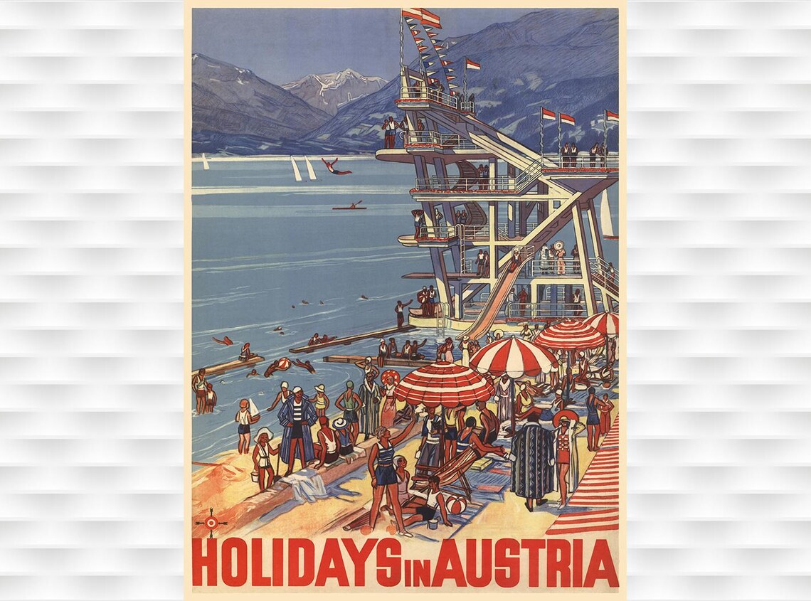 Holidays In Austria Vintage Alpine Lake Beach Summer Travel Poster