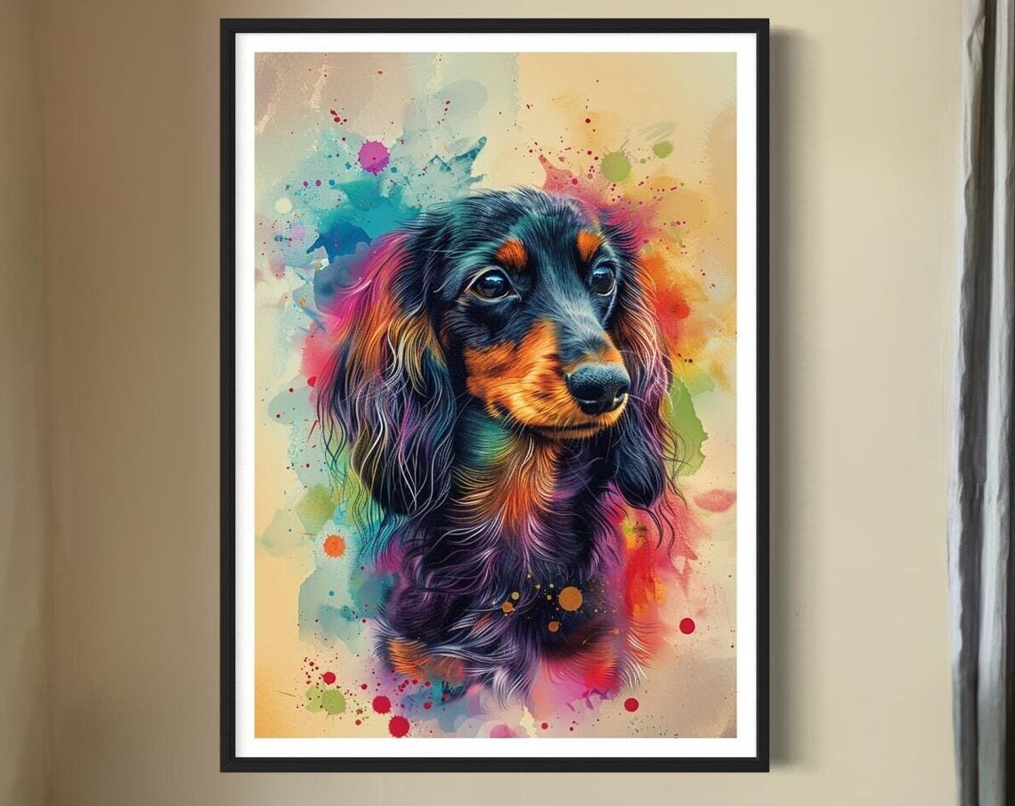 Long Haired Dachshund Rainbow Watercolor Splash Dog Portrait Print