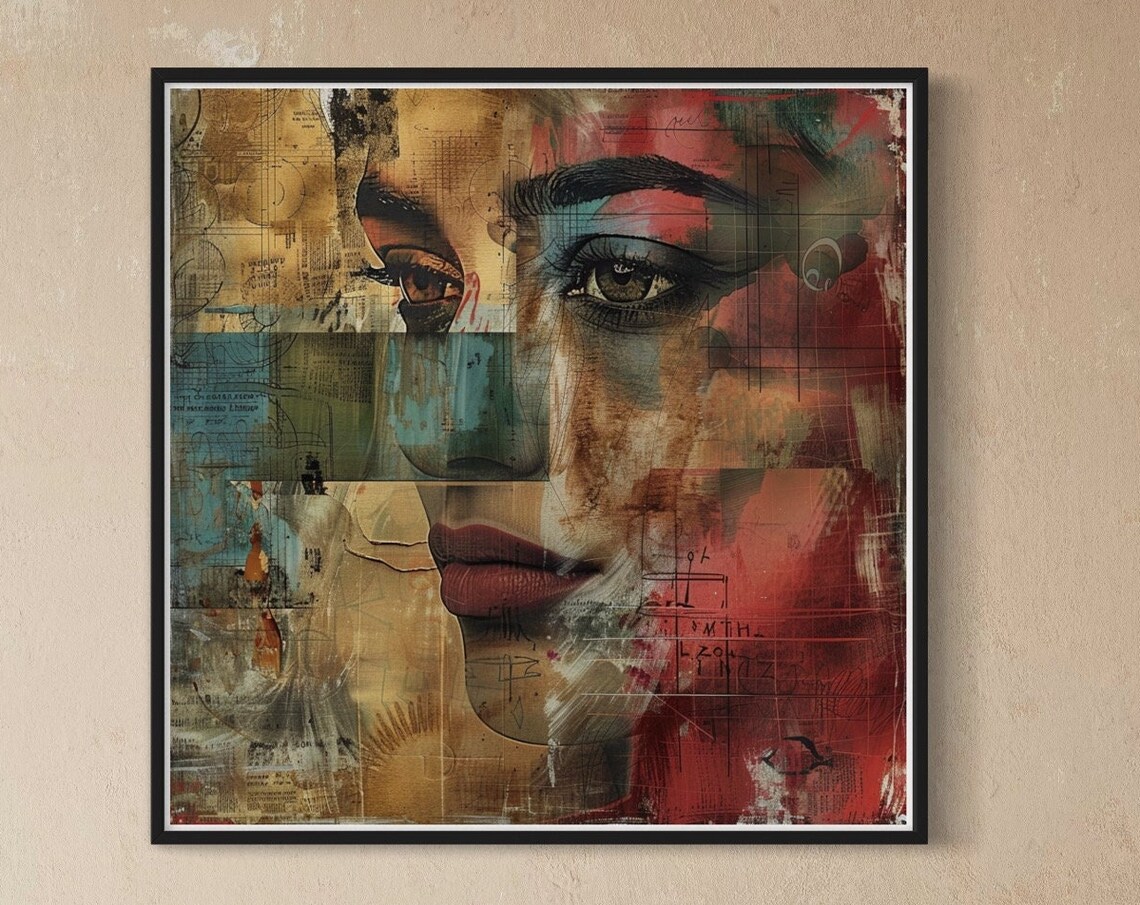 Abstract Woman Face Collage Red Teal Gold Mixed Media Portrait Print - Image 4