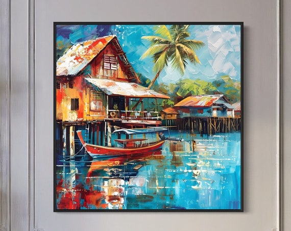 Thai Riverside Art Print Longtail Boat Stilted Houses Painting House Decor Exotic Wall Design Thailand Artwork Travel Poster Gift For Home