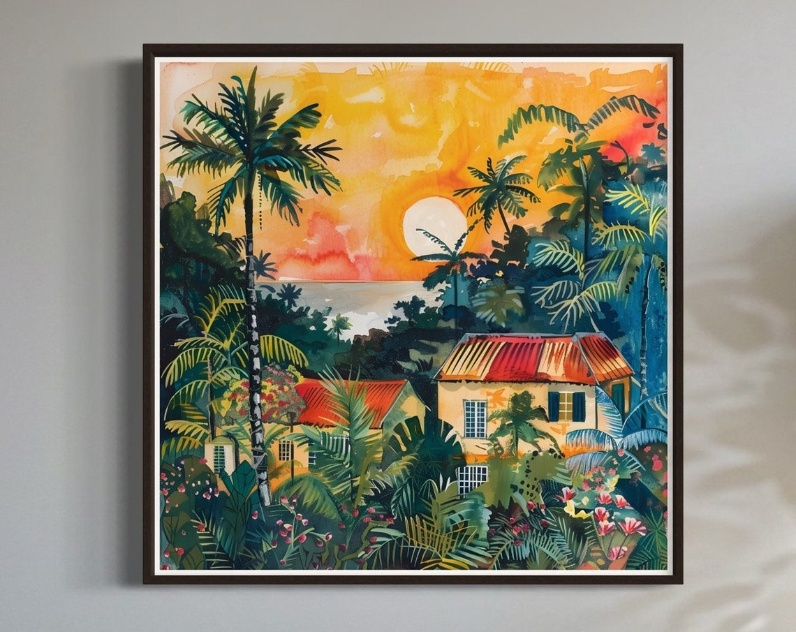 Tropical Island Sunrise Palm Trees Colorful Houses Ocean View Poster