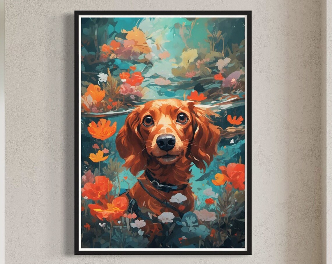 Red Dachshund Floral Art Print Dog Painting Cute Pet Artwork Miniature Dachshund Wiener Dog Doxie Decor Sausage Dog Lover Gift