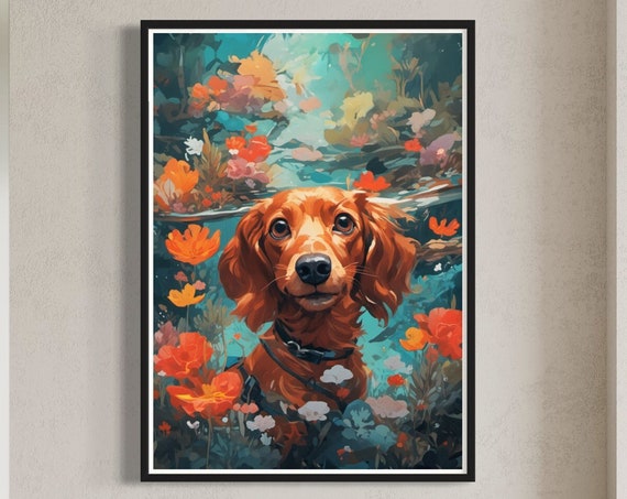 Red Dachshund Floral Art Print Dog Painting Cute Pet Artwork Miniature Dachshund Wiener Dog Doxie Decor Sausage Dog Lover Gift