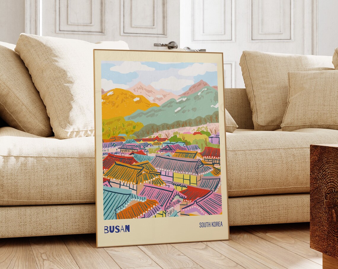 Busan South Korea Colorful Rooftops Mountain City Travel Poster