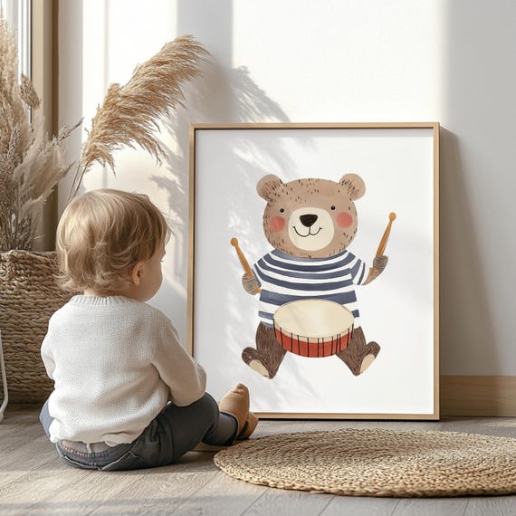 Drumming Bear Nursery Wall Art Playful Kids Room Decor Music Themed For Baby Toddler