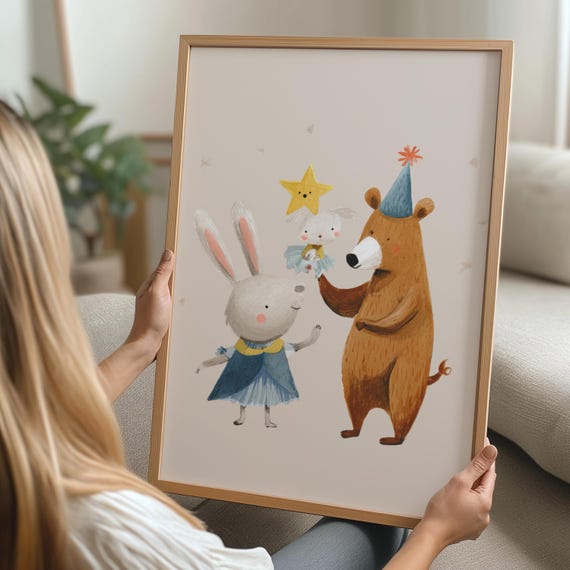 Whimsical Bunny Bear Star Party Nursery Wall Art For Kids Room Decor